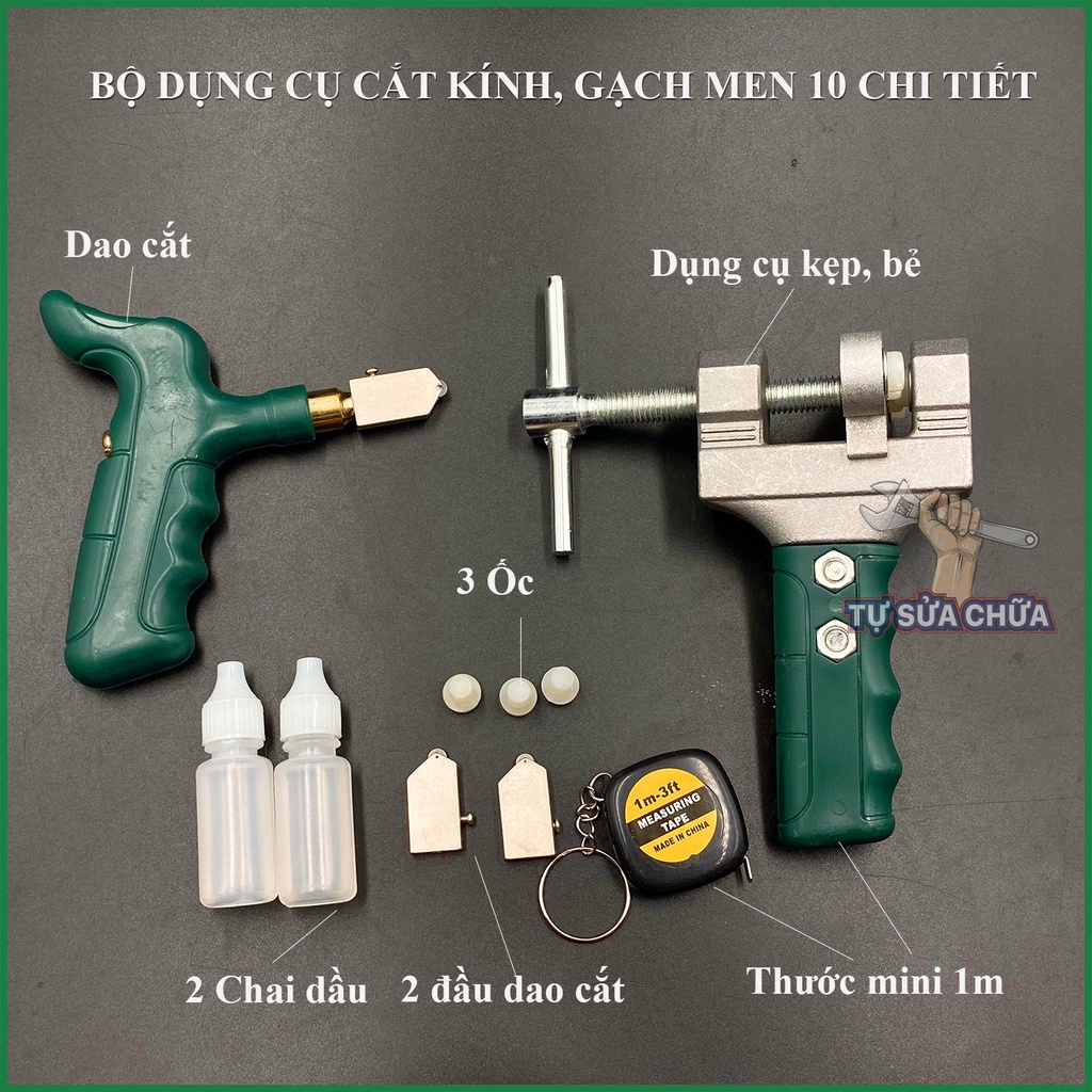 Bộ dụng cụ cắt và bẻ kính, gạch men cao cấp 10 chi tiết hợp kim nhôm loại xịn, dễ sử dụng có dao cắt đi kèm