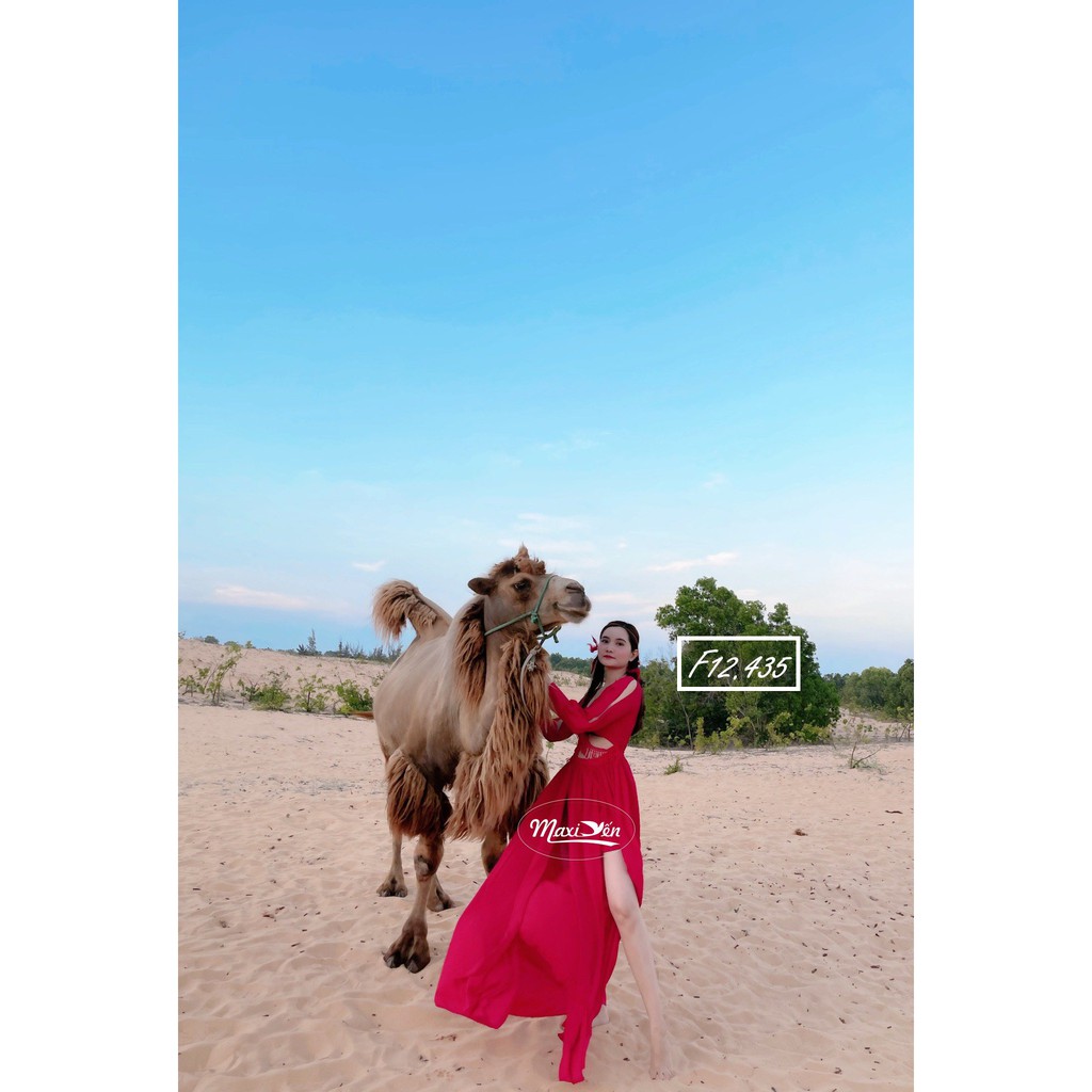 ĐẦM MAXI TƠ ĐỎ ĐUÔI DÀI REN EO