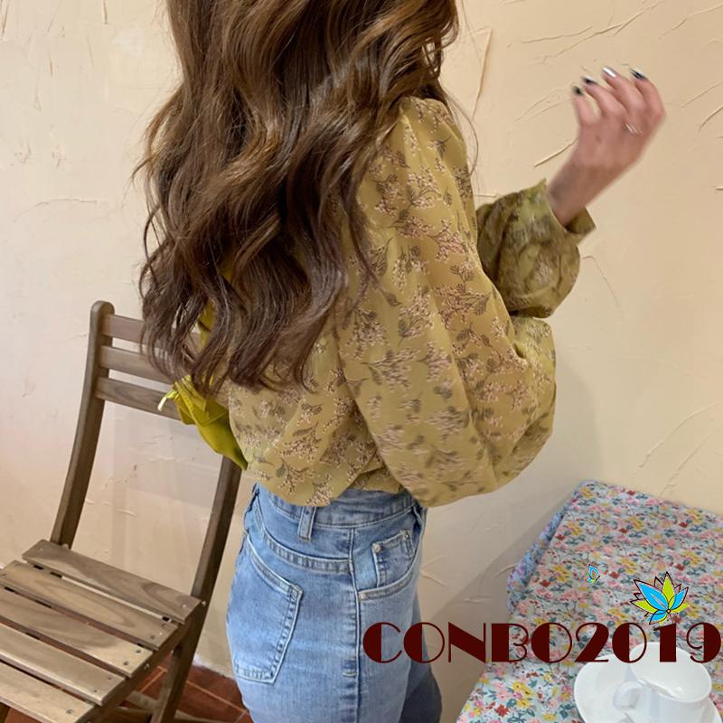 Áo Voan Hoa Tay Phồng Cổ Tim Phong Cách Thanh Lịch Dành Cho Nữ