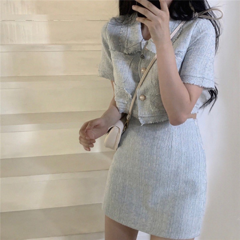 [SẴN S-Có ảnh thật] Set áo+ chân váy dạ tweed xanh babyblue nút ngọc vintage SAM SAM BOUTIQUE | BigBuy360 - bigbuy360.vn