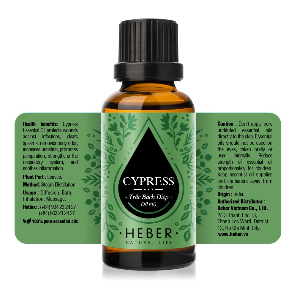 Tinh Dầu Trắc Bách Diệp Cypress Heber Natural Life, Cao Cấp Nhập Khẩu, Thiên Nhiên Nguyên Chất, Chai 10ml/30ml/50ml