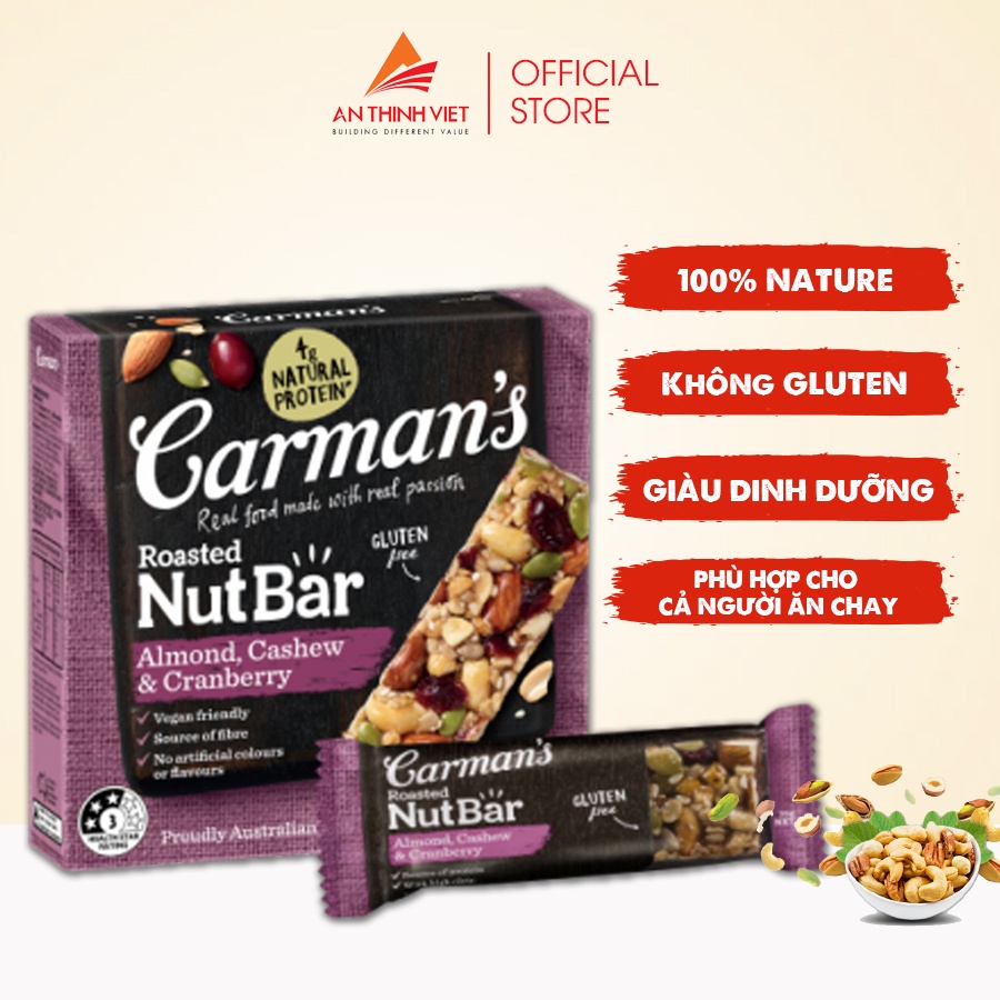 Thanh Hạt Carman's Nut Bar Hạnh Nhân, Hạt Điều, Nam Việt Quất - 175g