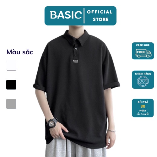 Áo polo nam tay lỡ form rộng có cổ unisex Hàn Quốc Màu Đen AT304