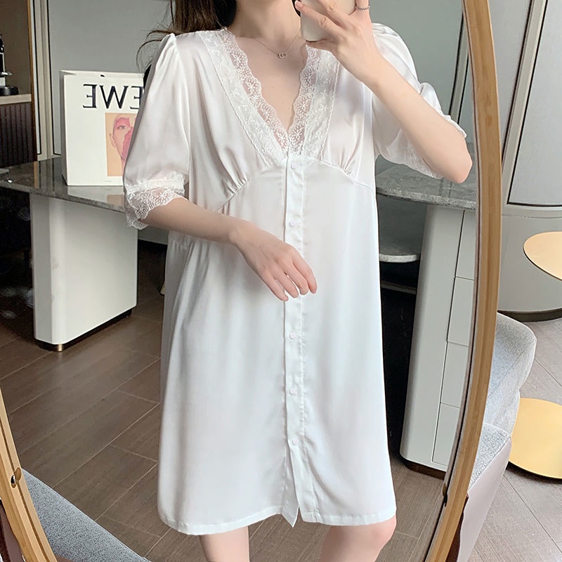 Đầm ngủ tay ngắn chất lụa màu trơn phong cách Hàn Quốc dễ thương thời trang mùa hè cho nữ