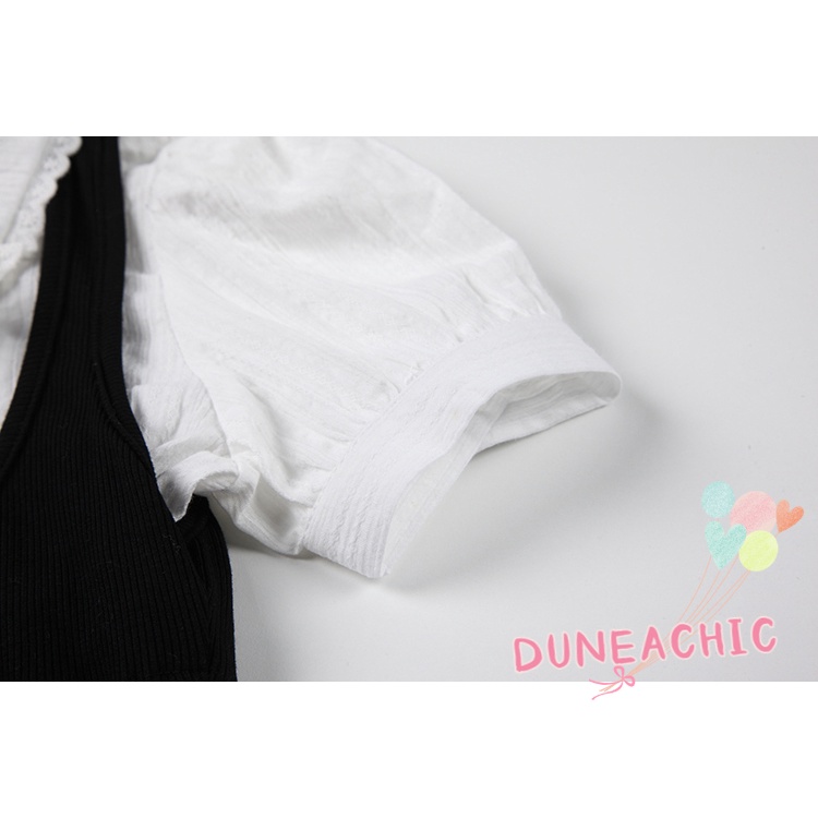 DUNEA Đầm Tay Ngắn Cổ Polo Xếp Ly Phối Dây Thắt Nơ Xinh Xắn Cho Nữ