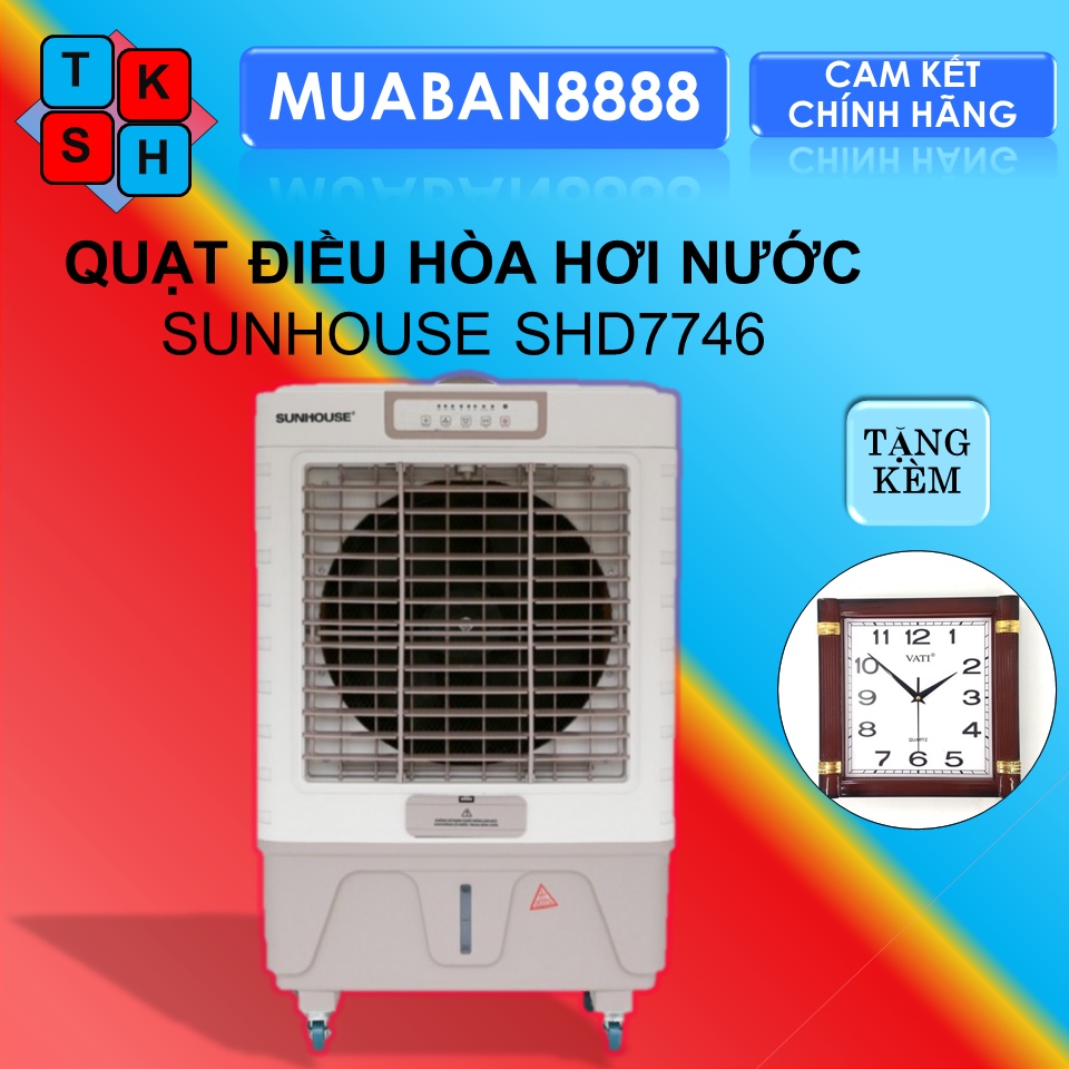 Quạt Điều Hòa, Máy Làm Mát Không Khí SUNHOUSE SHD7746, Tặng kèm đồng hồ treo tường thời trang