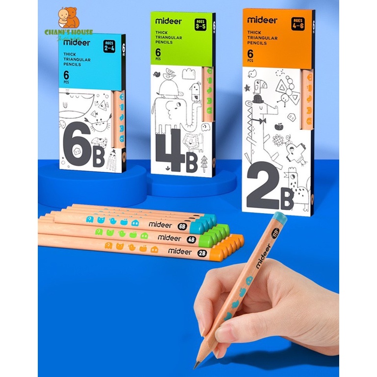 BỘ 6 CHIẾC BÚT CHÌ TAM GIÁC MIDEER 2B 4B 6B TẶNG KÈM GỌT CHÌ CHO BÉ BẮT ĐẦU HỌC CÁCH SỬ DỤNG
