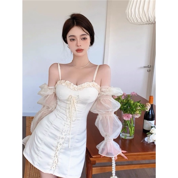 VÁY DÁNG ÔM PHỐI DÂY BUỘC TAY PHỒNG XUYÊN THẤU SEXY THỜI TRANG NỮ