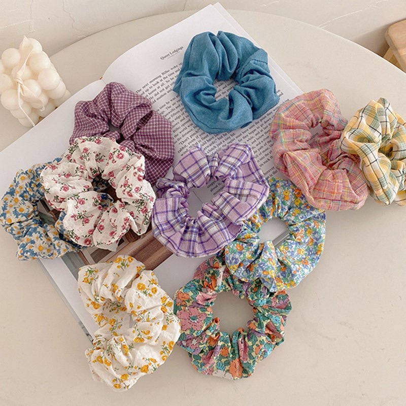 Dây buộc tóc tím caro Scrunchies phong cách hàn quốc cho nữ