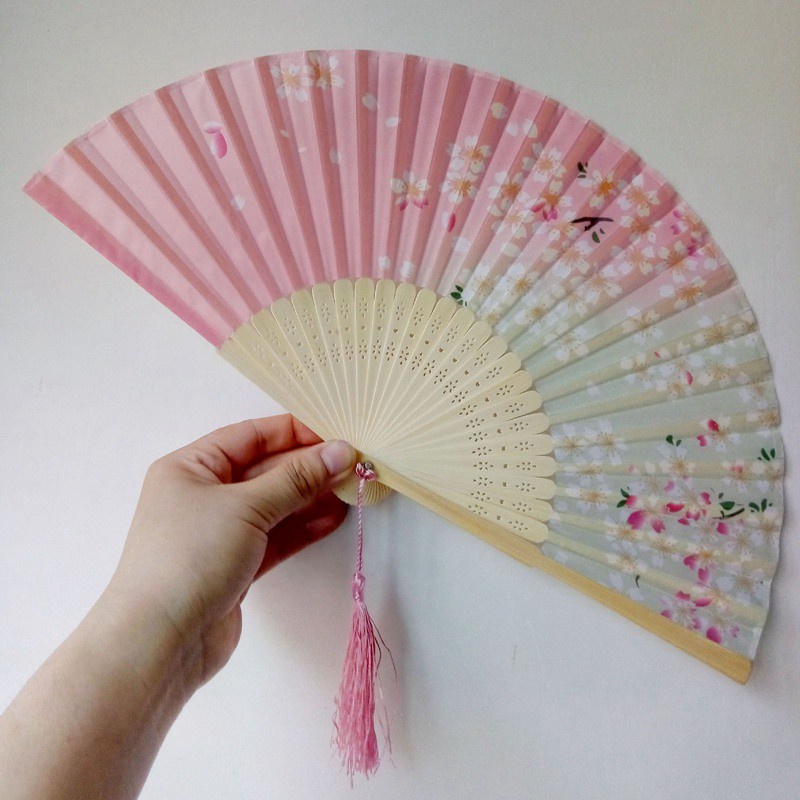 Quạt Xếp Cầm Tay Vải Lụa In Họa Tiết Hoa Anh Đào Phong Cách Trung Hoa