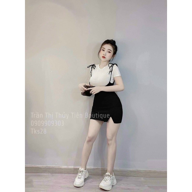 Set váy yếm cột nơ kèm áo thun ngắn tay ôm body mẫu mới 2021 | BigBuy360 - bigbuy360.vn