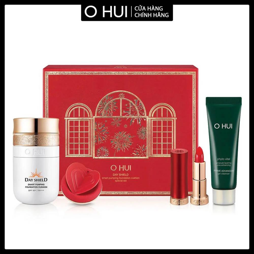 Bộ Phấn nước chống nắng và Son môi OHUI Day Shield Smart Pumping Foundation Cushion No.01 Special Set