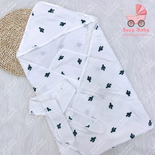 Ủ choàng xô 4 lớp có mũ có đai Muslin hàng cao cấp 90x90cm
