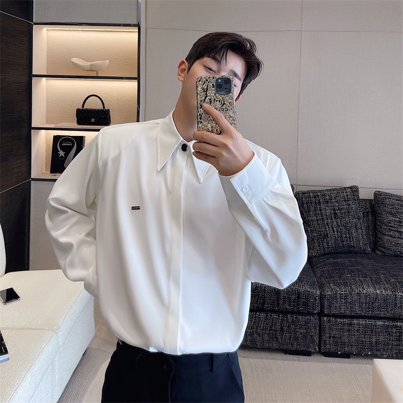 Áo Sơ Mi Lụa Lạnh Tay Dài Cổ Nhọn Hai Lớp Cao Cấp Màu Trơn Phong Cách Hàn Quốc Thời Trang Mùa Hè Dành Cho Nam