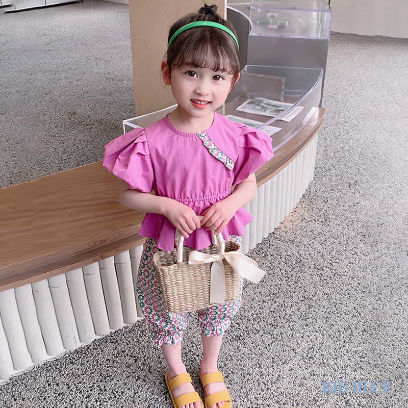 Set Áo Tay Ngắn Phồng Cổ Tròn Và Quần Lửng Họa Tiết Hoa Phong Cách Hàn Quốc Dành Cho Nữ