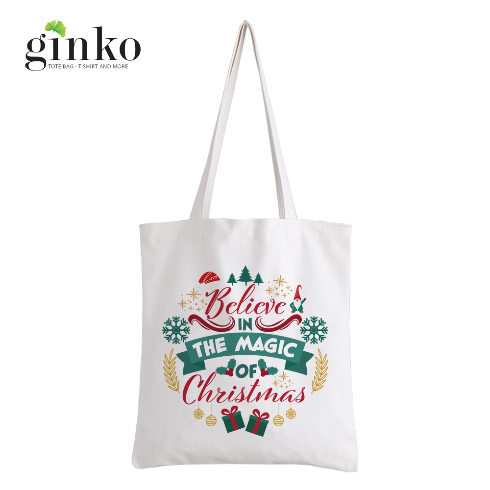 Túi vải tote GINKO Kiểu Basic dây kéo In Hình Merry Chrismas (nhiều mẫu)