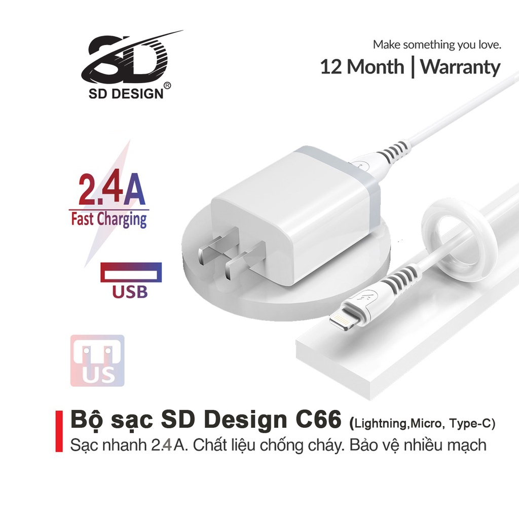 Bộ Củ + cáp sạc SD DESIGN C66 chính hãng sạc nhanh an toàn cho điện thoại Android,Iphone