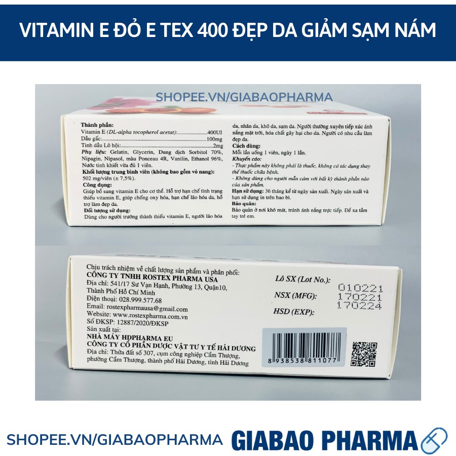 Viên uống đẹp da Vitamin E đỏ E TEX 400 giảm nám sạm da - Hộp 30 viên | Thế Giới Skin Care