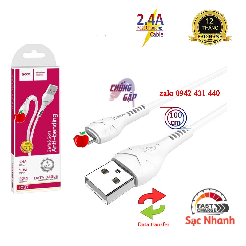 Cáp Sạc Nhanh Hoco X37 IP/tablet táo 1m (Trắng)-BH 12 Tháng