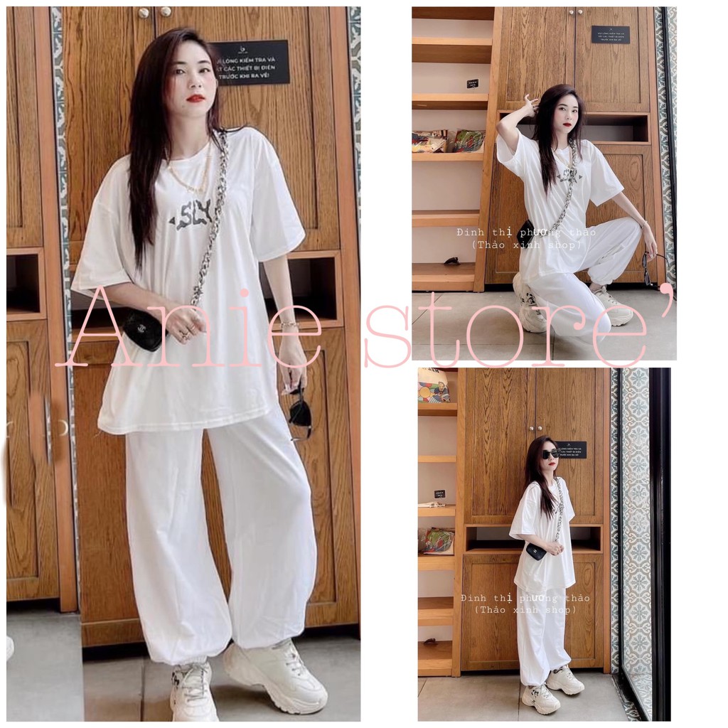 [Mã FAMAYWA2 giảm 10K đơn 50K] Bộ Quần Jogger Áo Phông SLY Trắng 🦋 Set Quần Nỉ Kèm Áo Phông In Chữ Tay Lỡ Dáng Rộng 🦋