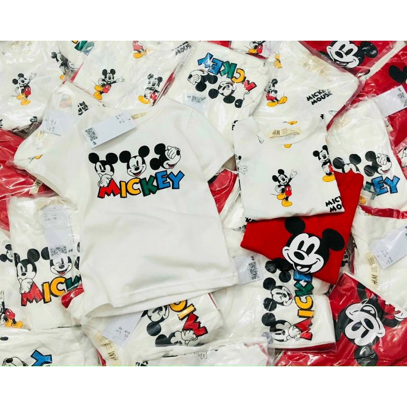 Combo 3 áo thun, áo phông hình chuột Mickey 2 màu đỏ trắng cho bé trai bé gái (9-24kg)-chất mềm, mát hoạ tiết hoạt hình