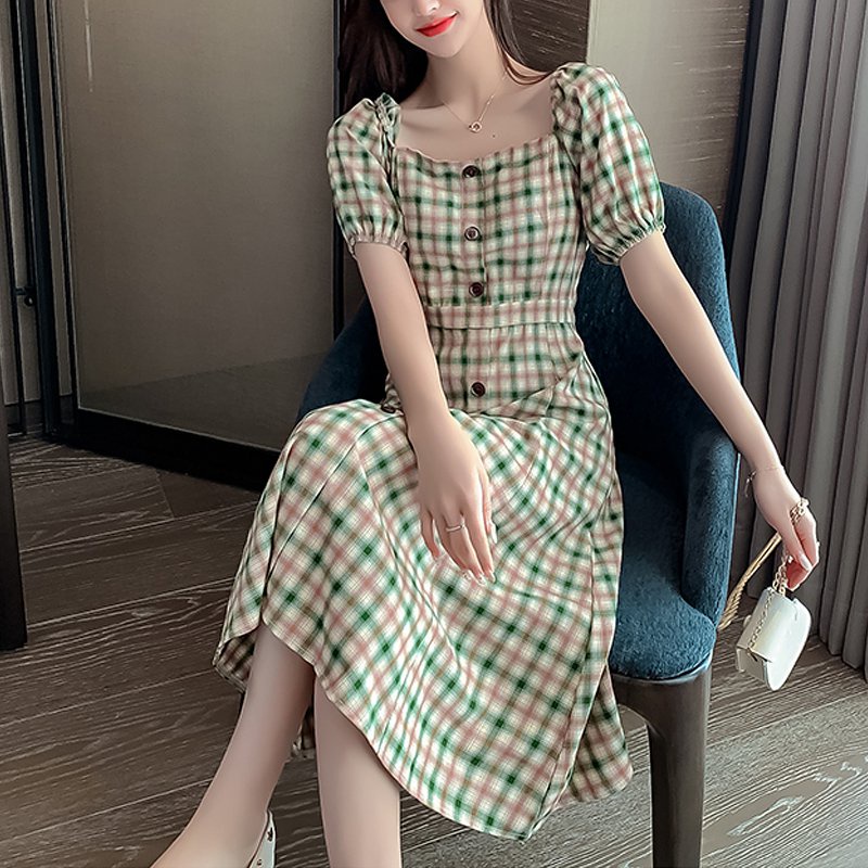 Đầm Midi Cổ Vuông Họa Tiết Sọc Caro Phong Cách Cổ Điển Thời Trang Mùa Hè Xinh Xắn Cho Nữ