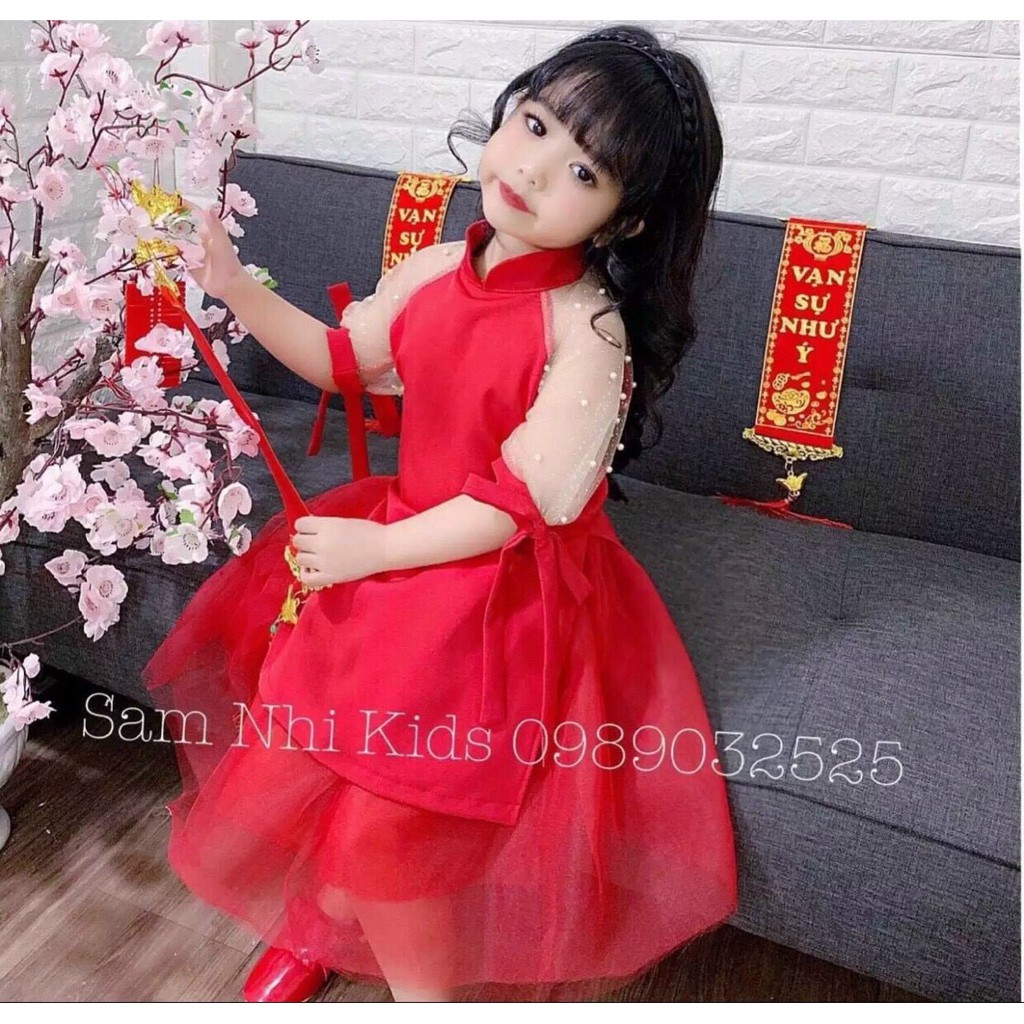 Áo dài cách tân cho bé size từ 10-25kg và mẹ dưới 55kg chất liệu umi co giãn, tay lưới đính cườm