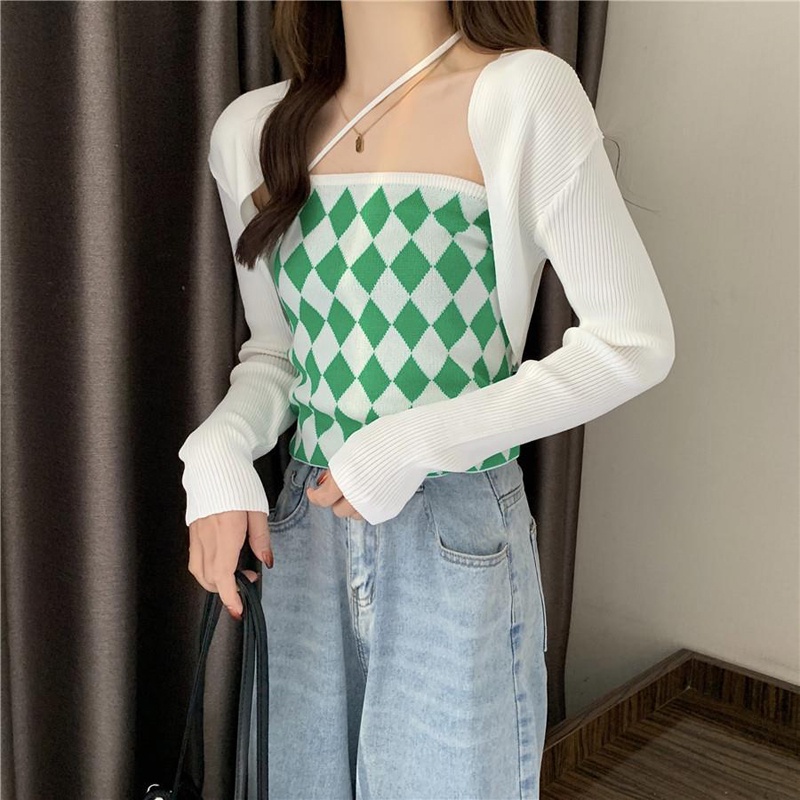 IELGY  Set Áo Hai Dây + Áo Choàng Ngắn Kẻ Caro Riêng Biệt Cho Nữ [Order]