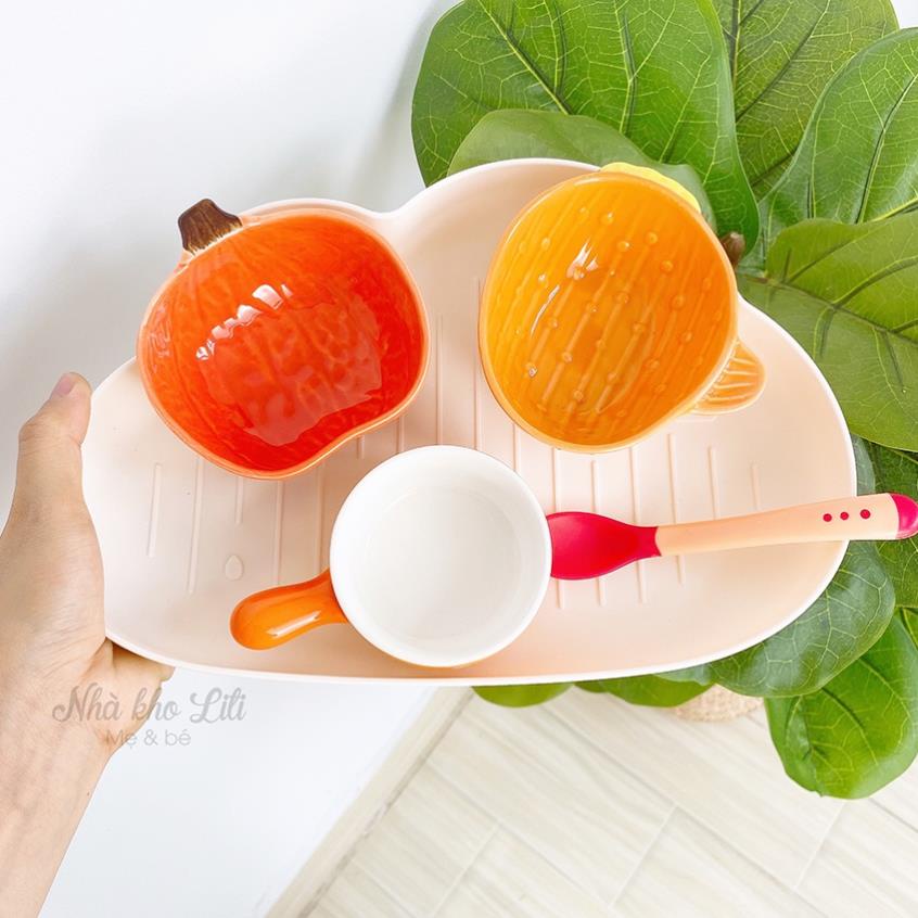 Set bát sứ ăn dặm cho bé dễ thương, bát ăn dặm size nhỏ kèm khay mây và muỗng silicon