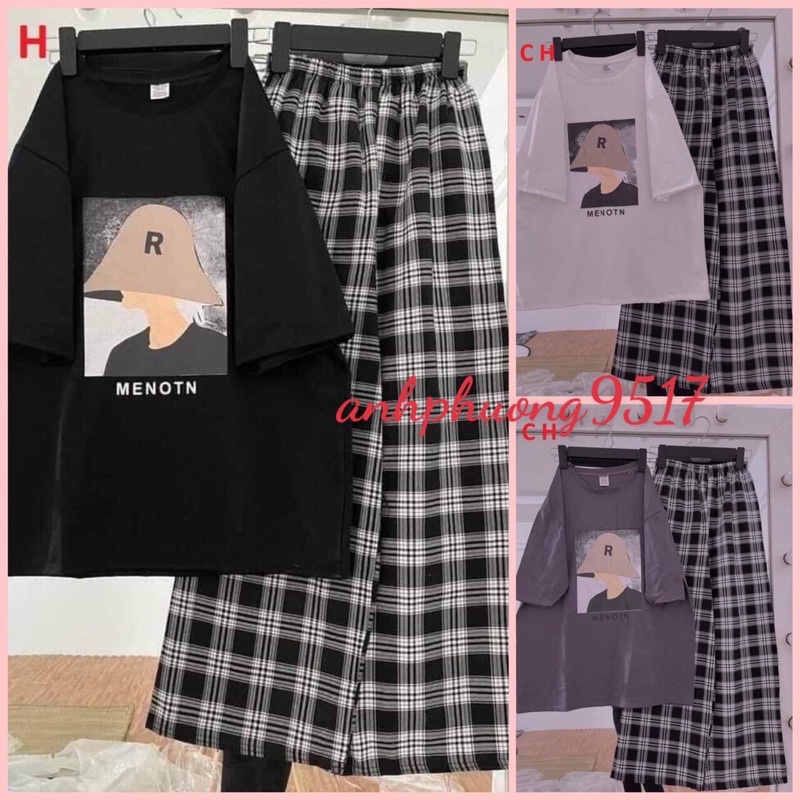 Set Bộ Quần Áo Nam nữ Unisex Cô gái đội mũ mix quần kẻ caro♥️Bộ hè hoạt hình ngắn tay mùa hè phong cách Hàn Quốc