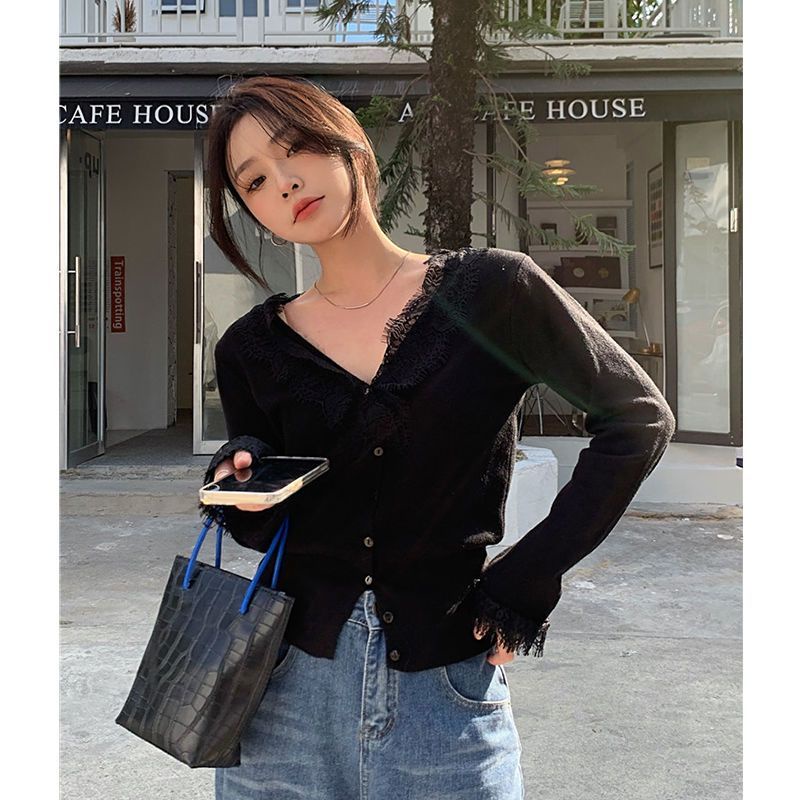 COZOK Áo sweater Tay Dài Dáng Rộng Phối Ren Thời Trang