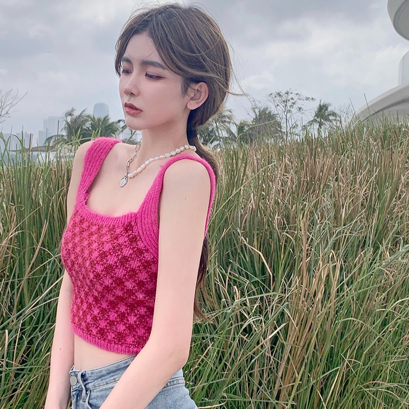 Áo Hai Dây Dệt Kim Dáng Ngắn Họa Tiết Kẻ Sọc Màu Đỏ Hồng Thời Trang Mùa Hè Xinh Xắn Cho Nữ