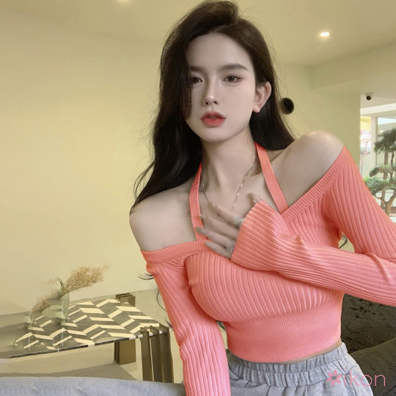 Áo Sweater Dệt Kim Mỏng Tay Dài Cổ Tròn Dáng Ôm Hở Xương Quai Xanh Dễ Thương Cho Nữ