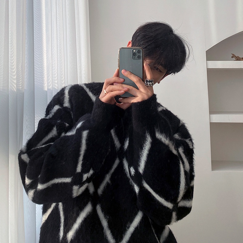 Áo sweater tay dài dáng rộng dày ấm áp họa tiết kẻ sọc thời trang thu đông dành cho nam