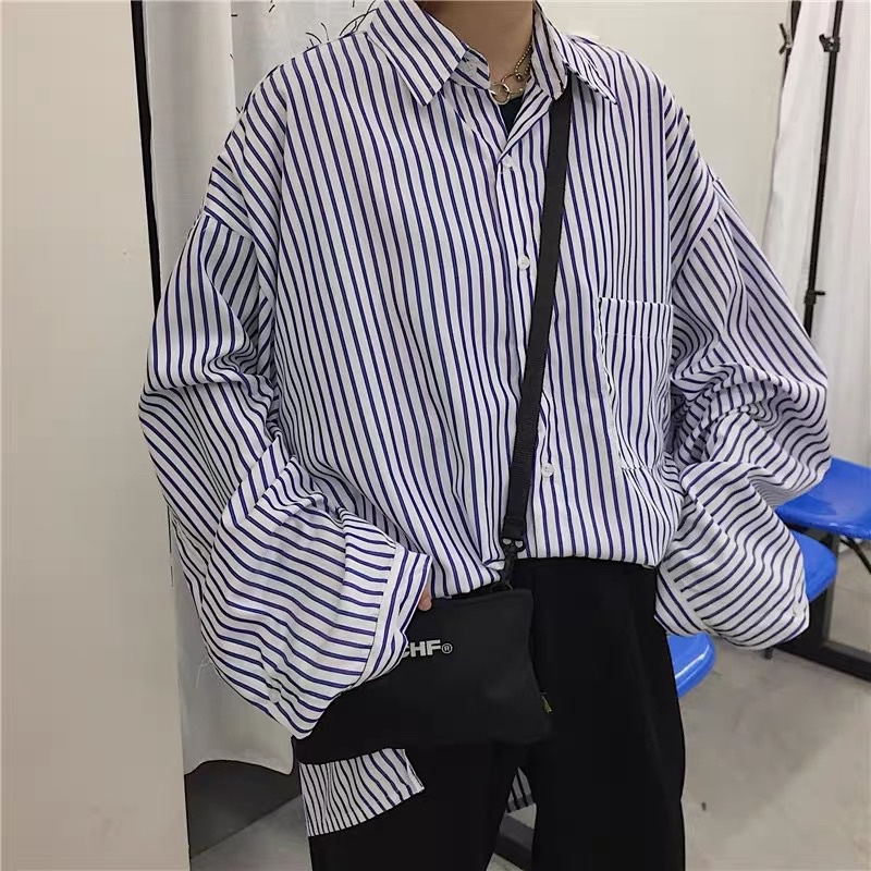 &lt;&lt;Có sẵn &gt;&gt; Áo Sơ Mi Tay Dài Thiết Kế Dáng Rộng Họa Tiết Kẻ Sọc Phong Cách Hàn Quốc Thời Trang Xuân Hè Cho Nam