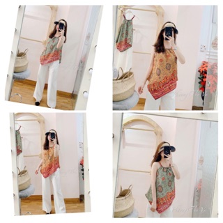 Set yếm thổ cẩm mix quần sớ đũi trắng