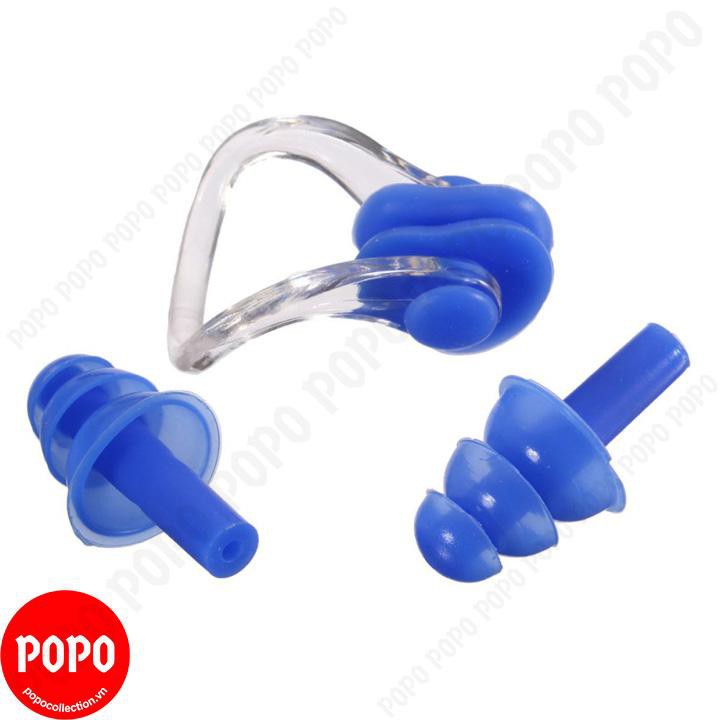 Combo Kính bơi Mũ bơi trơn Bịt tai kẹp mũi POPO 2360TR mắt trong chống tia UV chống sương mờ