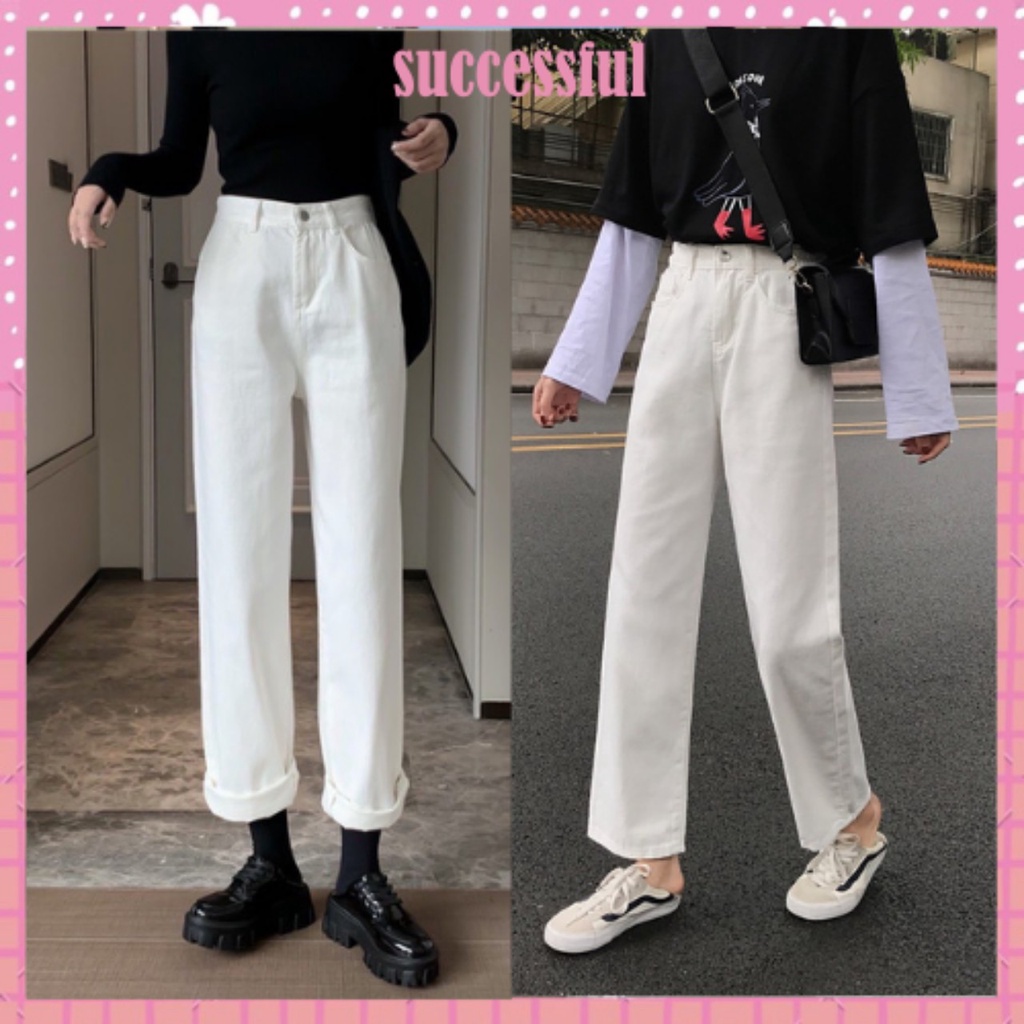 Quần jeans trắng cạp cao chất liệu bò dày đẹp phom suông rộng hack dáng