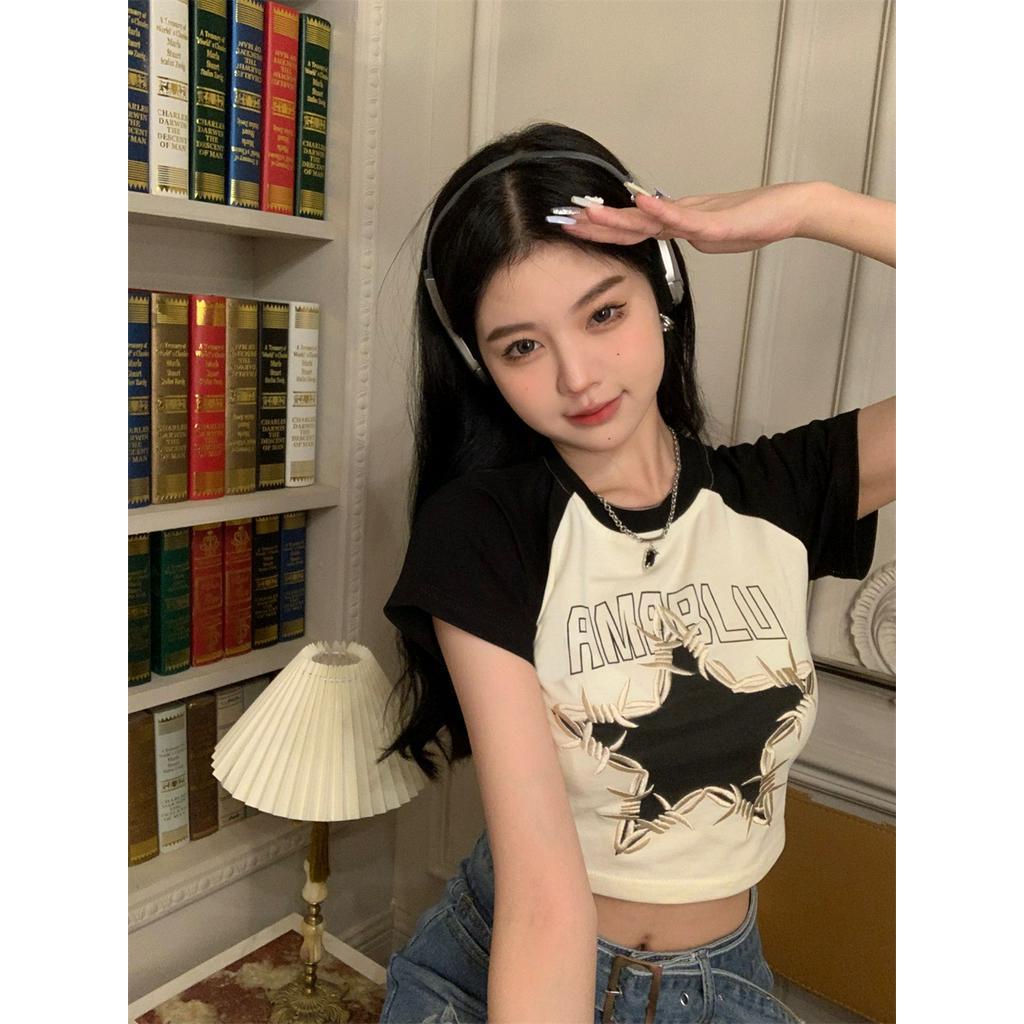 Áo Thun Ngắn Tay Thêu Chữ / Ngôi Sao Nhiều Màu Sắc Phong Cách Vintage Cho Nữ