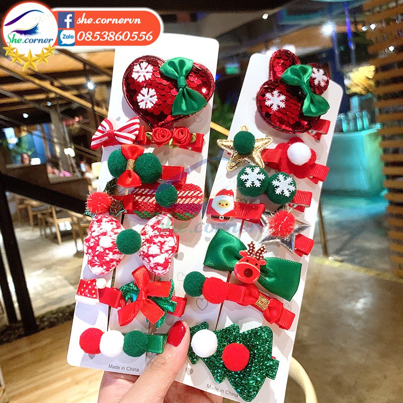 Set 10 chiếc kẹp tóc giáng sinh K457 hình sừng hươu, ông già Noel, cây thông Noel dễ thương cho bé 9 mẫu