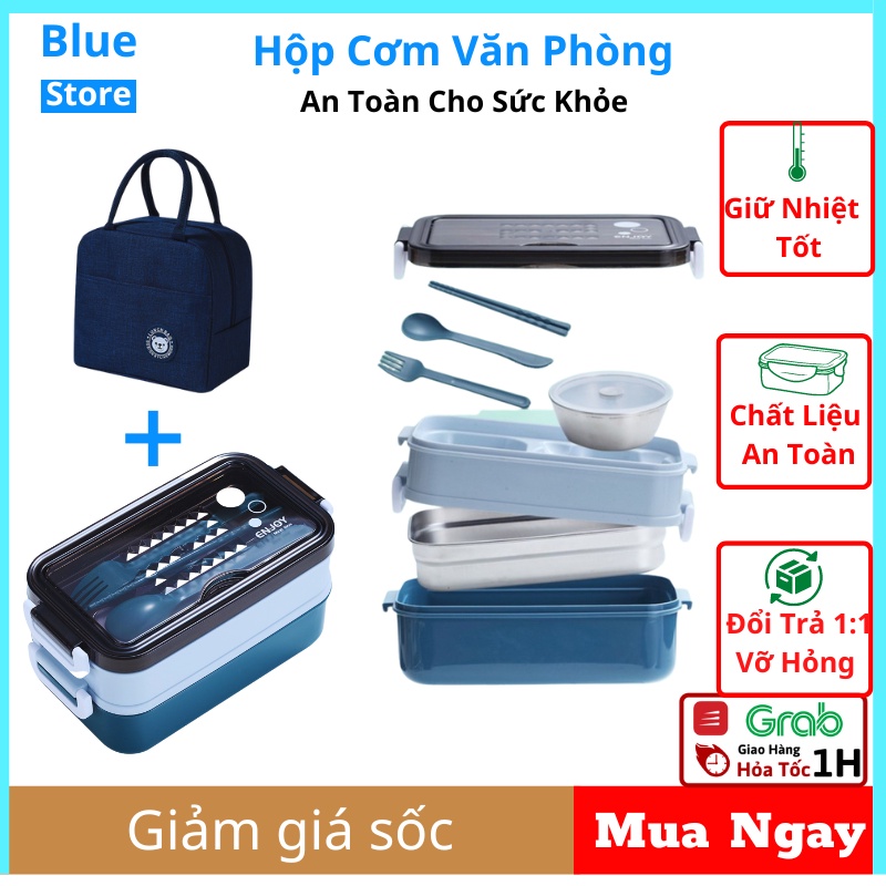 Hộp cơm giữ nhiệt, Hộp đựng cơm văn phòng Inox 2 tầng đựng cơm trưa tiện dụng(Tặng kèm bộ đũa+thìa+nĩa)