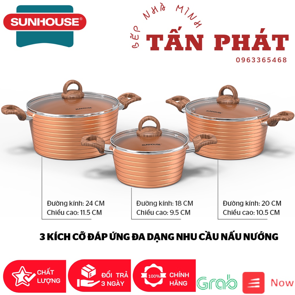 BỘ NỒI CHỐNG DÍNH CERAMIC ĐÁY TỪ SUNHOUSE SHG2003MCB 18-20-24CM DÙNG TRÊN MỌI LOẠI BẾP