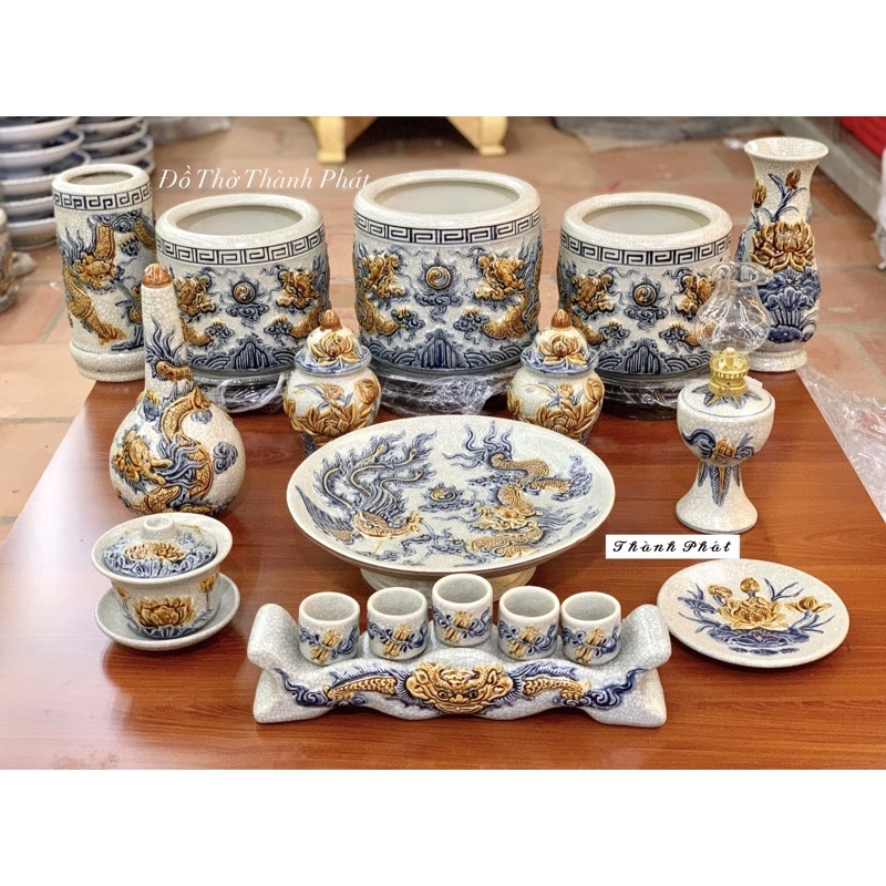 Bộ Đồ Thờ Men Rạn Đắp Nổi Bát Tràng, Đồ Thờ Thần Tài, Gia Tiên Men Rạn, Bát Hương Men Rạn Bát Tràng