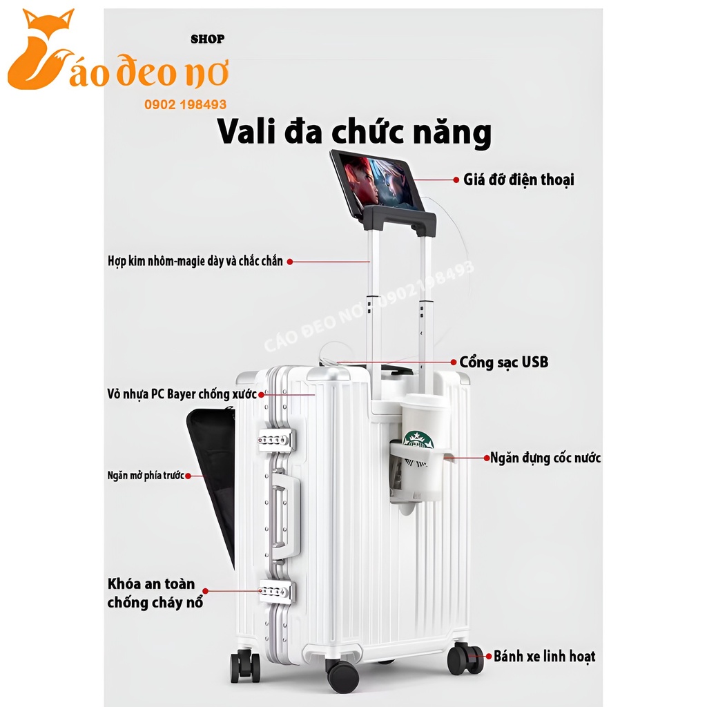 Sẵn Trắng 20- Vali Khoá Sập Dream Traveller Viền Nhôm Cao Cấp Có Ổ Sạc, Khay Đựng Nước - Cáo Đeo Nơ