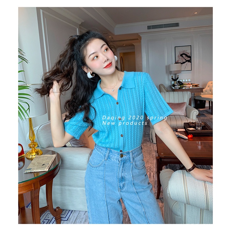 Áo dệt kim SUXI tay ngắn cổ polo dáng rộng phong cách cổ điển mùa hè dành cho nữ