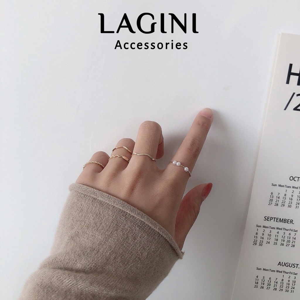 Set bộ 5 nhẫn ngọc trai Lagini cho nữ phong cách Hàn Quốc thanh lịch nữ tính