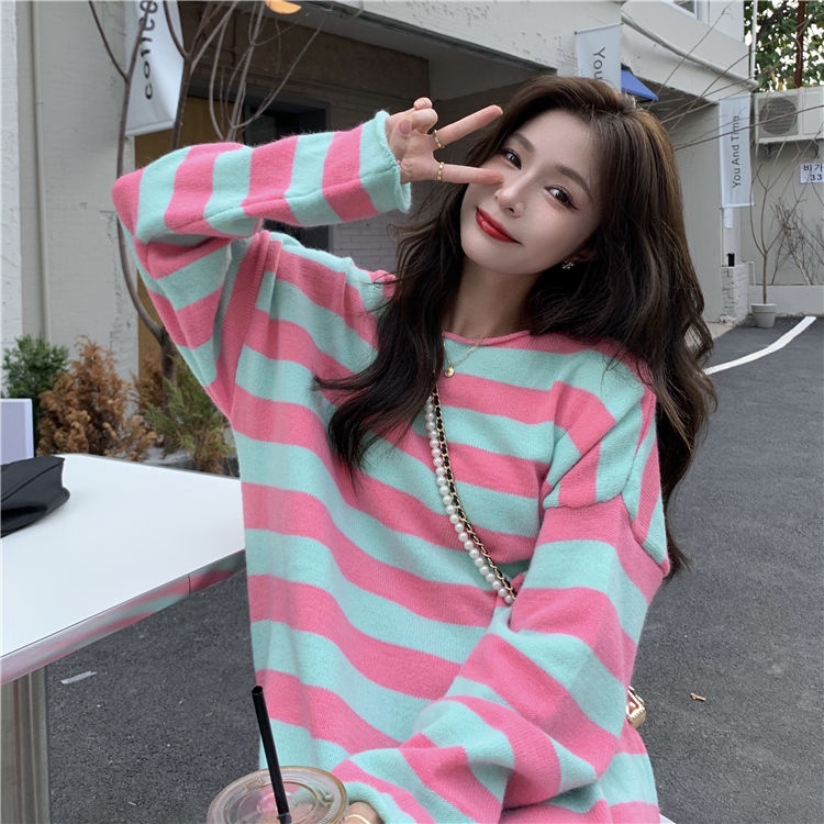 Áo Sweater Tay Dài Dáng Rộng Họa Tiết Kẻ Sọc Thời Trang Mùa Xuân Mới Cho Nữ