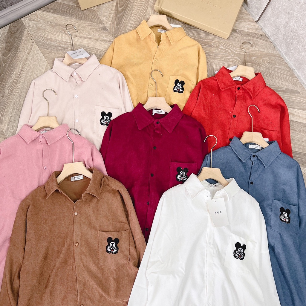 LOVI SHOP - Áo sơ mi nhung tăm thêu hình mickey 8 màu xinh