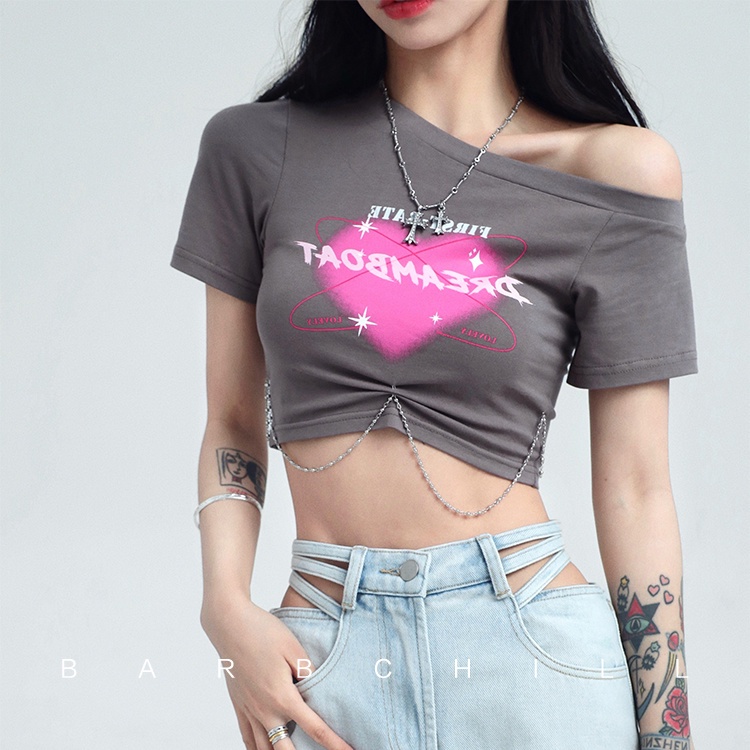 COZOK Áo Croptop Trễ Vai Tay Ngắn Hoạ Tiết Trái Tim Phong Cách Vintage
