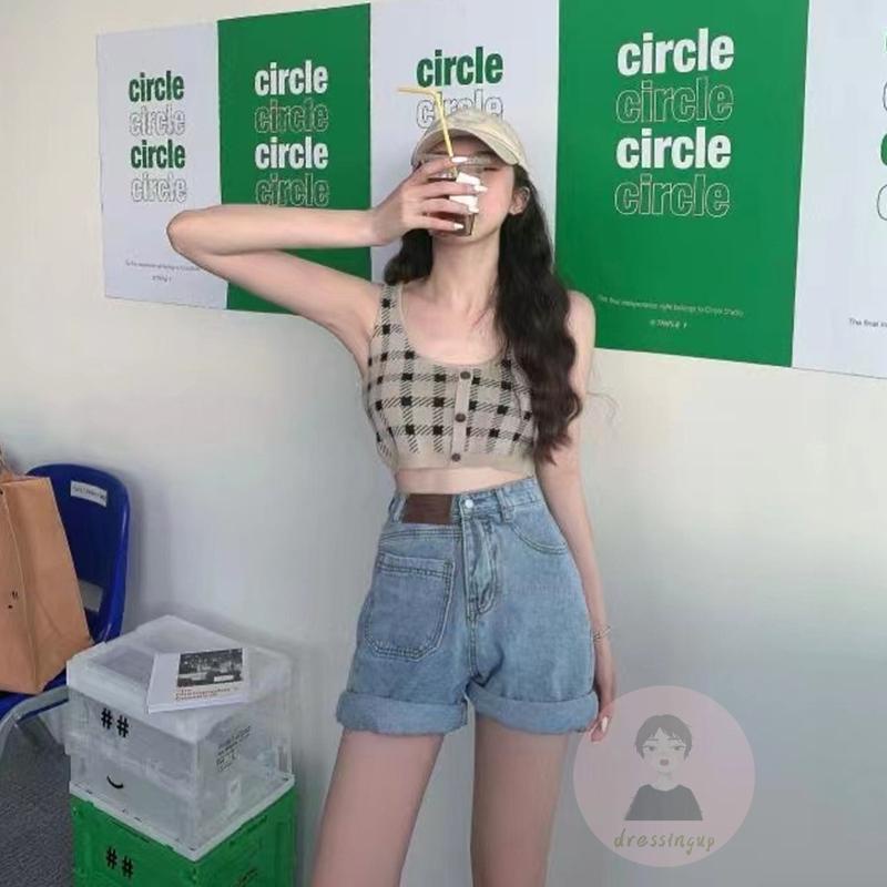 Áo Tank Top Không Tay Hở Lưng Dệt Kim Họa Tiết Sọc Caro Phong Cách Vintage Cho Nữ